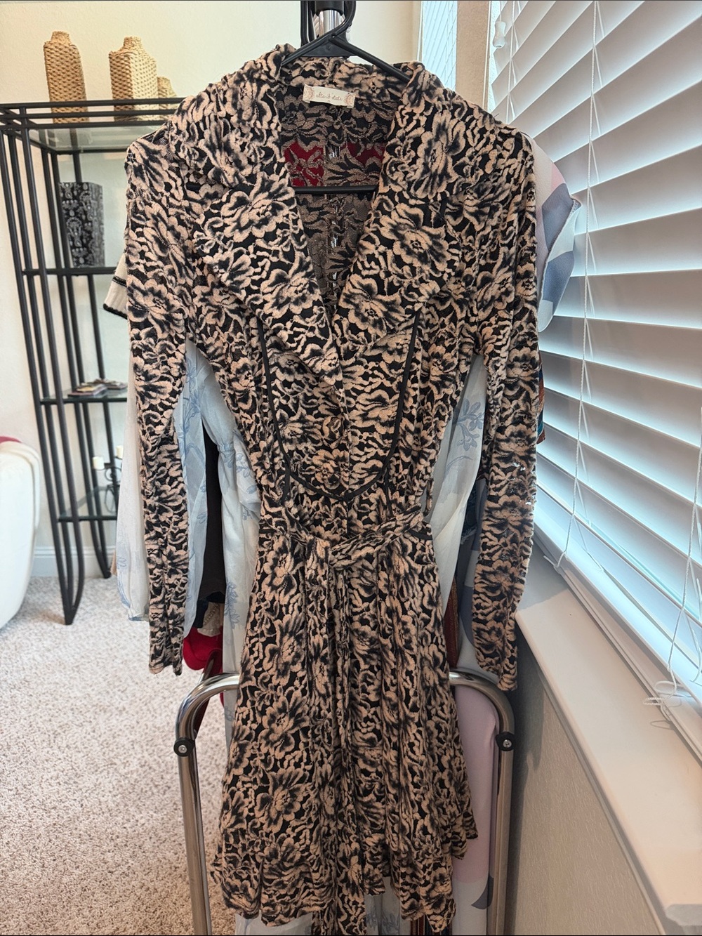 Altar'd State Beige and Black Floral Wrap Dress with Tie Waist